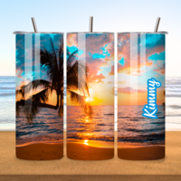 This photo depicts all sides of tranquil beach tumbler with palm trees and sunset design. 
